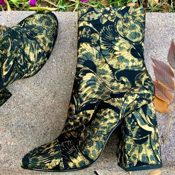 ASH WOMEN’S AS-FLORA MID-CALF BLOCK-HEEL BOOTS IN GOLD & BLACK WOMEN SIZES 9, 10 - Picture 7 of 15